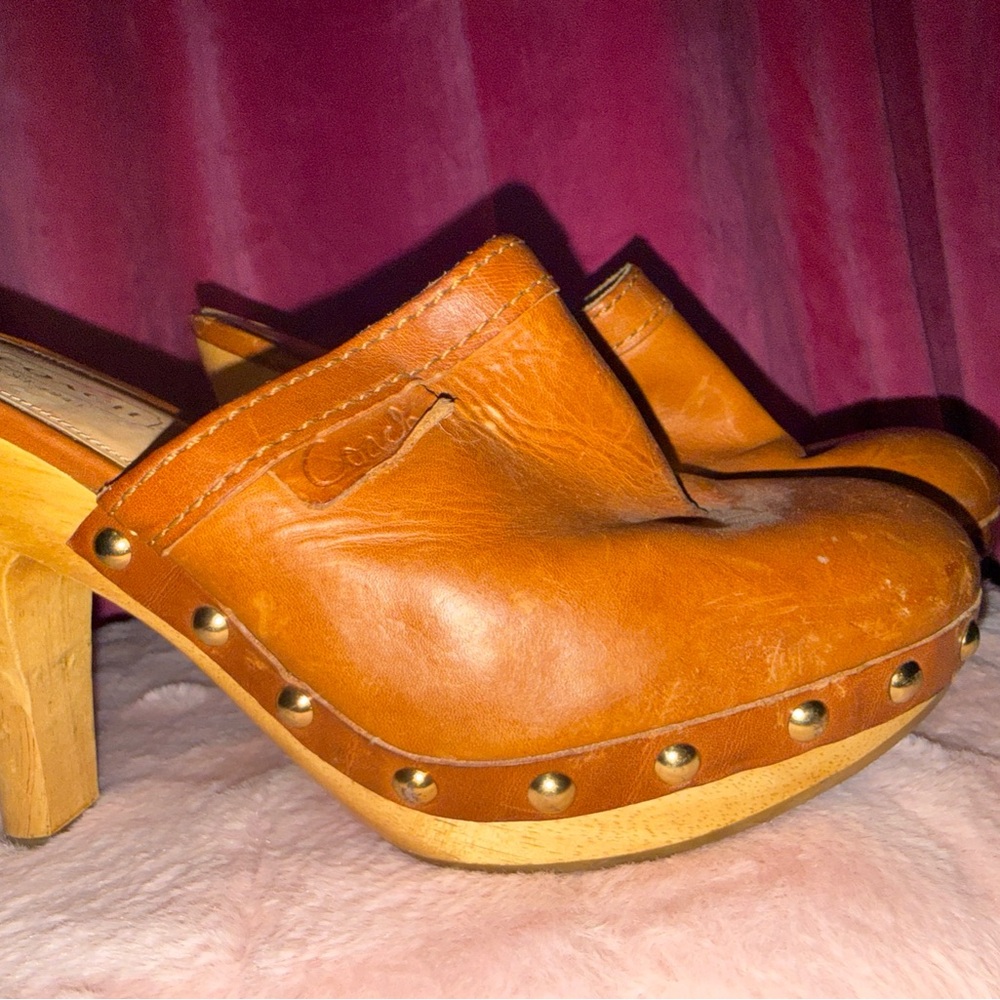 Coach Tan Leather Mules with Gold Studs
